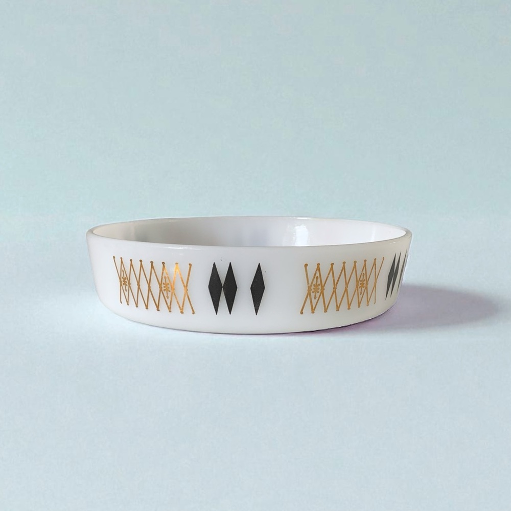 Vintage 60’s  Federal Glass Atomic Harlequin Bowl Black / Gold Diamond Pattern